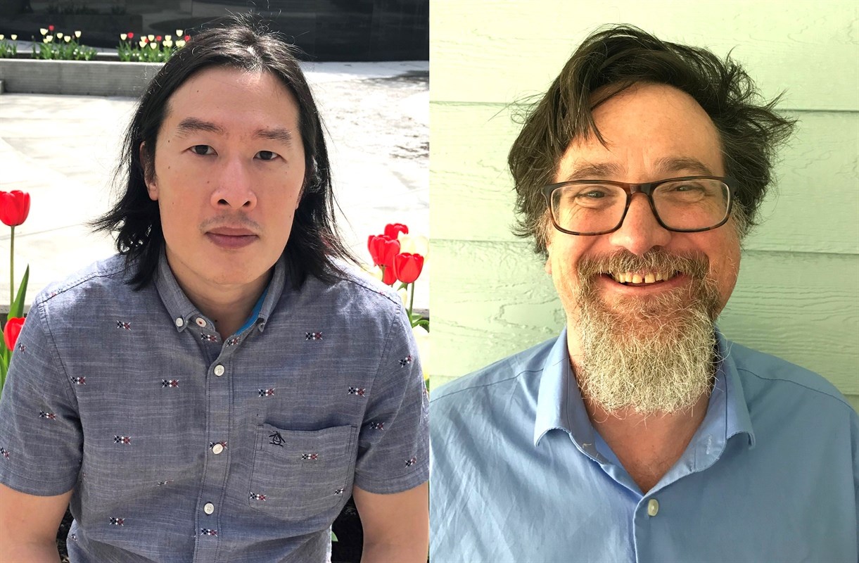 Split-frame portrait of two people, one with dark hair and a grey shirt, the other with glasses and a light blue shirt.