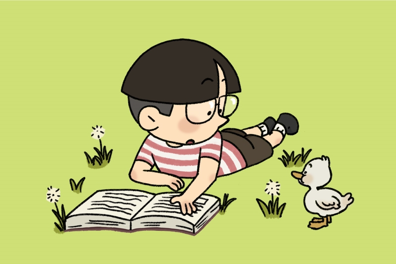 Illustration of a young person reading on grass and looking at a small duckling.