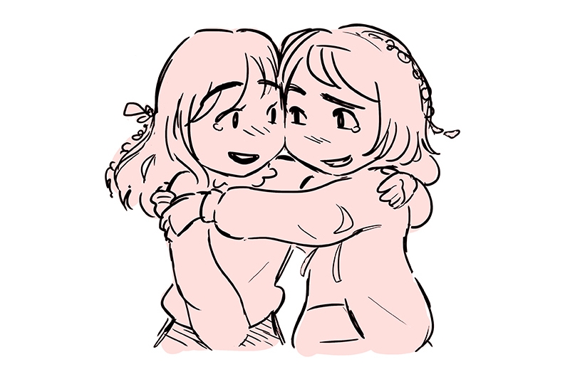 Two characters hugging and smiling in a simple line drawing with light pink shading.