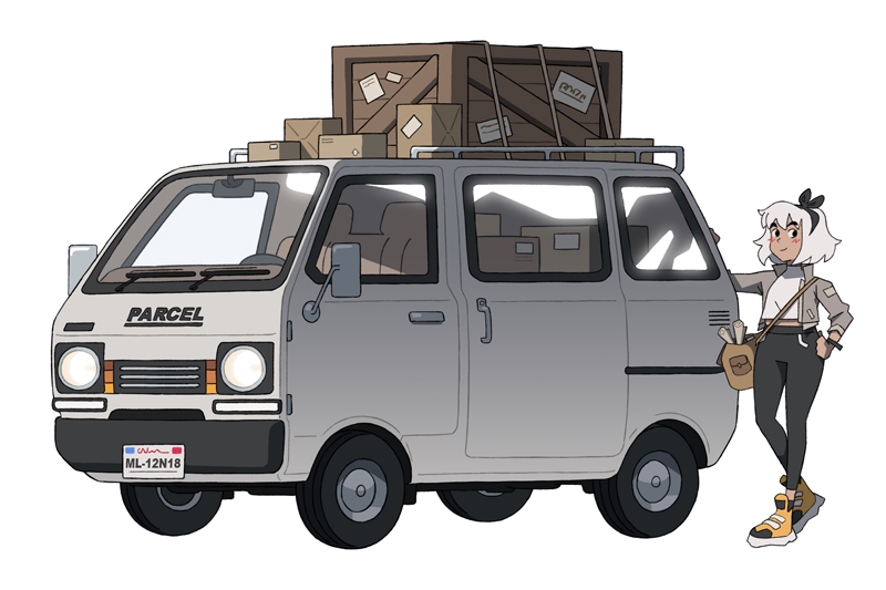 Illustration of a parcel delivery van with boxes on its roof and a character leaning on it.