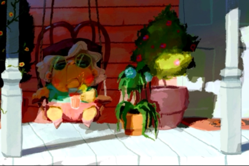 Animated elderly figure sitting on a porch swing holding a beverage, surrounded by plants.