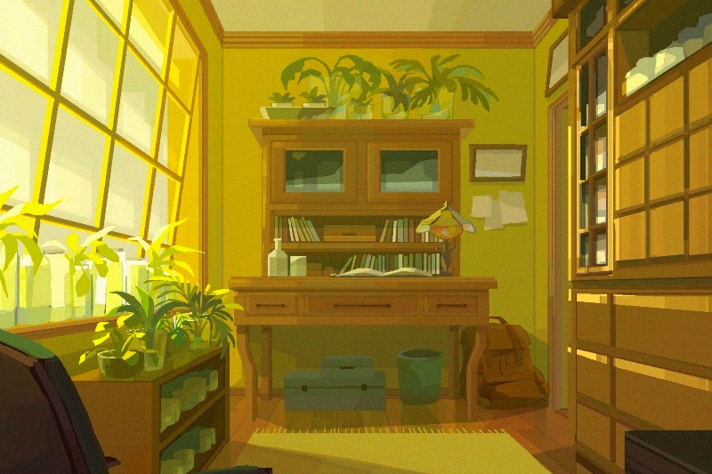 A brightly lit study room with a large window, wooden desk, shelves, and numerous potted plants.