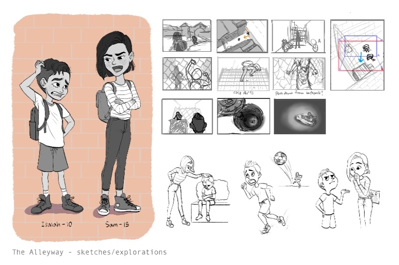 Character design and storyboard sketches including Isaiah (10) and Sam (15) in various scenes from "The Alleyway."