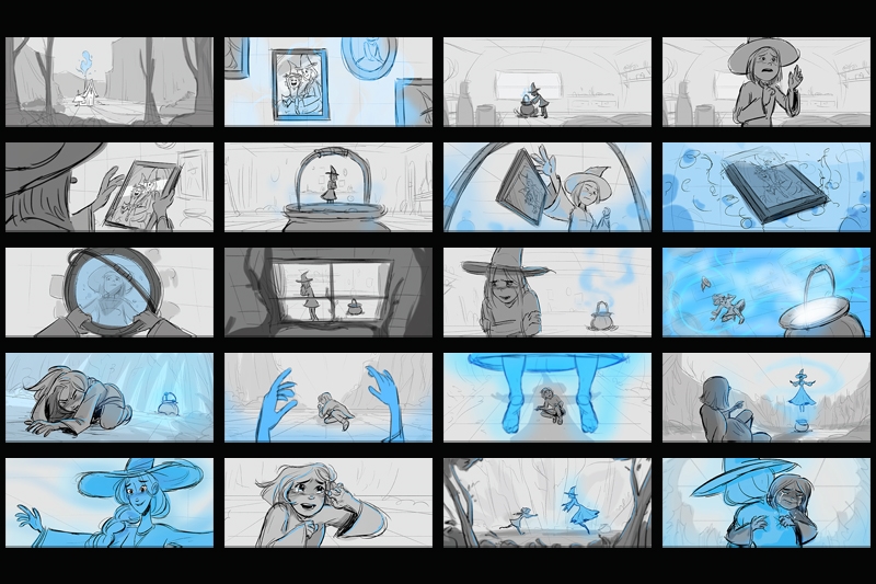 A storyboard illustrating a witch's magical adventure through 20 frames, featuring spells, enchanted objects, and joyful expressions.