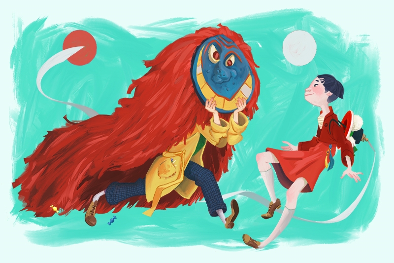 Two whimsical characters with colorful clothing and dynamic poses against a teal background.