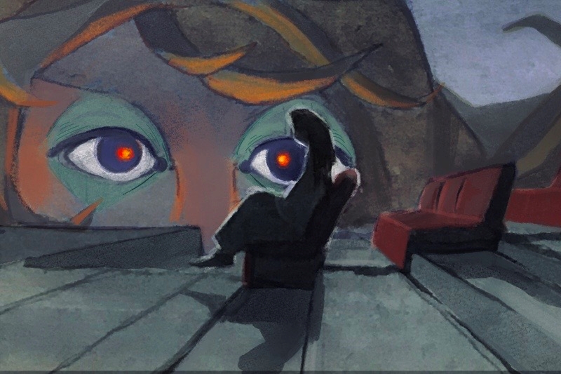 A person sits in a dark room facing an abstract mural or projection of a face with large, vivid eyes.