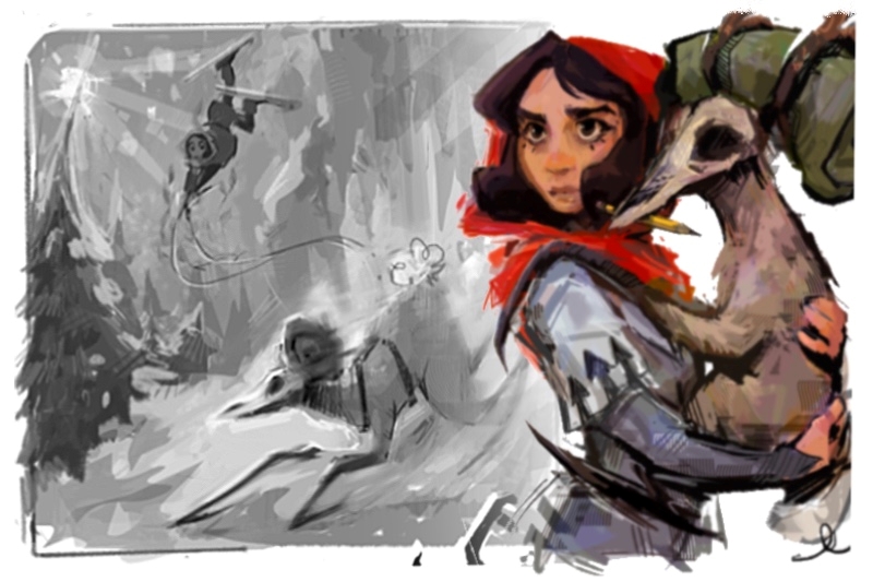 Illustration featuring a grayscale action sequence on the left and a colorful close-up of a woman in a red hood holding an animal on the right.