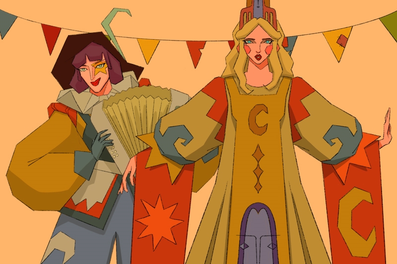 Two stylized characters in colorful, geometric costumes with festive bunting in the background.