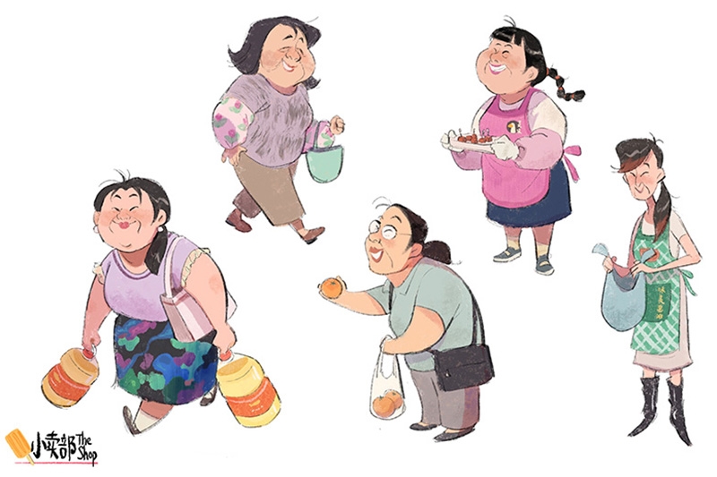 Illustration of five cartoonish characters in various outfits, each holding different items such as food plates, containers, and bags.