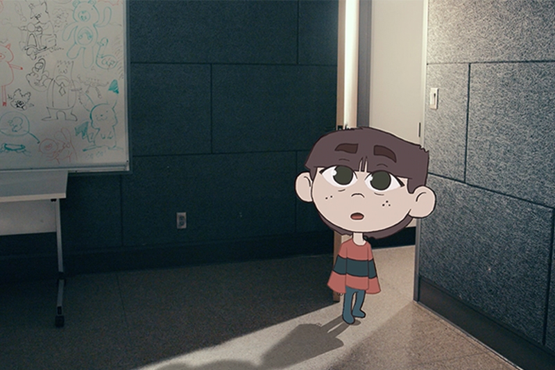 An animated child stands in a dimly lit room with a partially open doorway and a whiteboard filled with doodles.