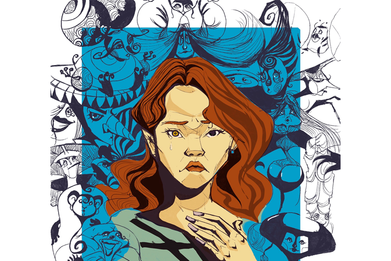 Illustration of a solemn woman with red hair, a tear on her cheek, and abstract background art with expressive faces and shapes.