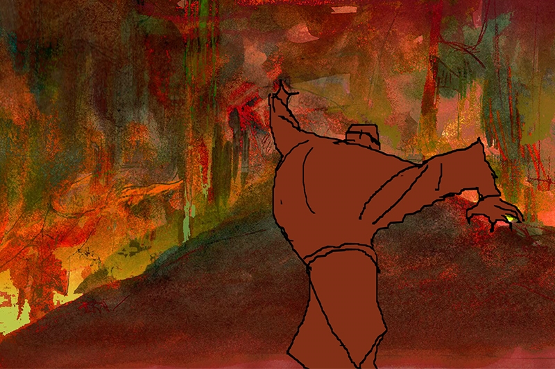 Character seen from behind, with outstretched arms, in front of an abstract, fiery-themed background.