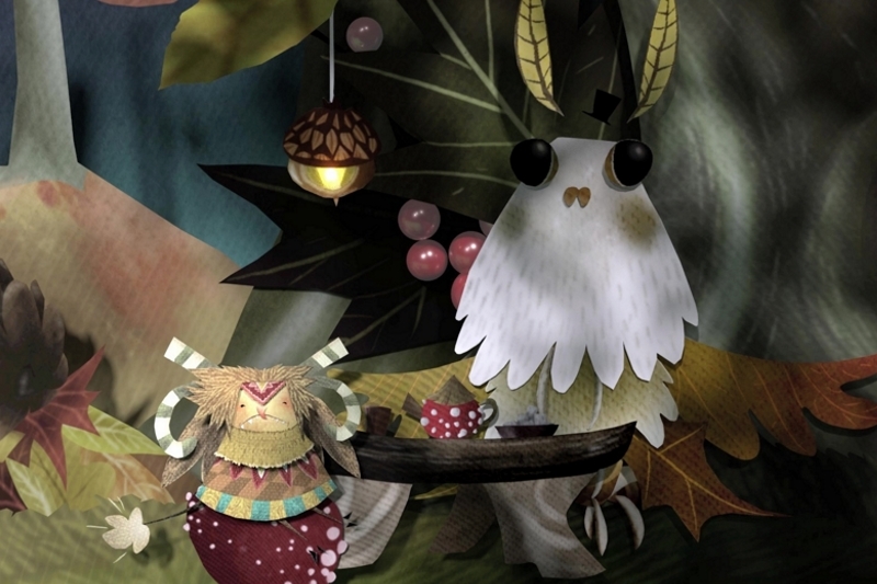 Whimsical scene with an owl-like character and a doll-like figure standing among large leaves, berries, and a glowing acorn-shaped lantern.