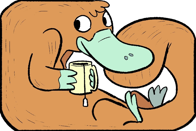 Cartoon illustration of a platypus holding a yellow mug with a tea bag.