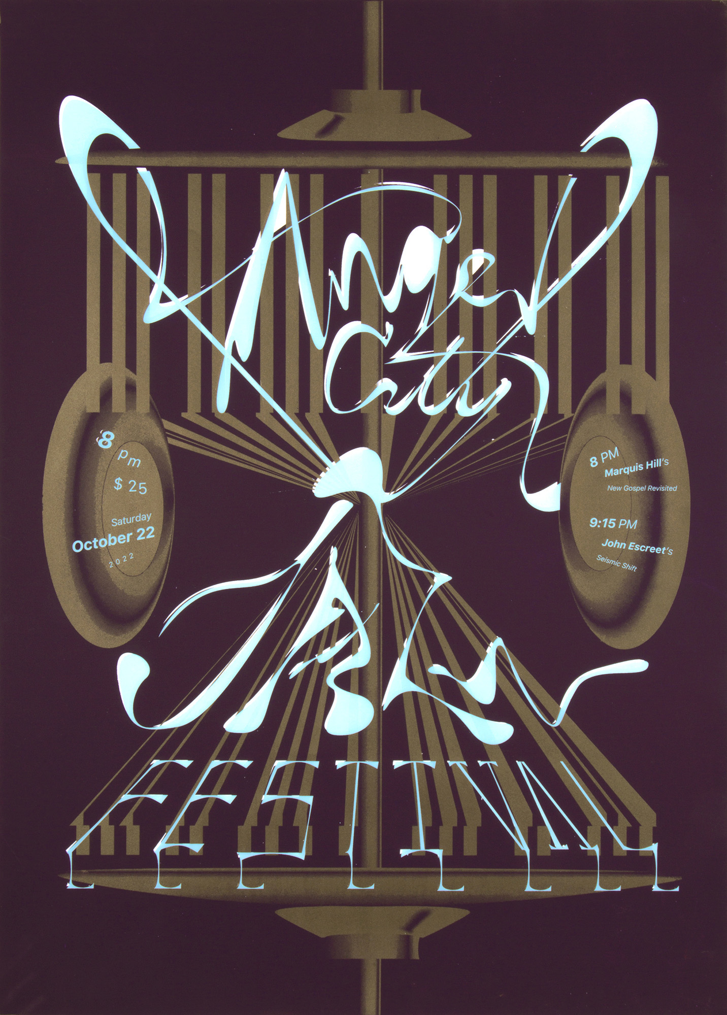 Angel City Jazz poster by Michelle Bac (MFA 24) and Zhen Lu (MFA 23) at CalArts