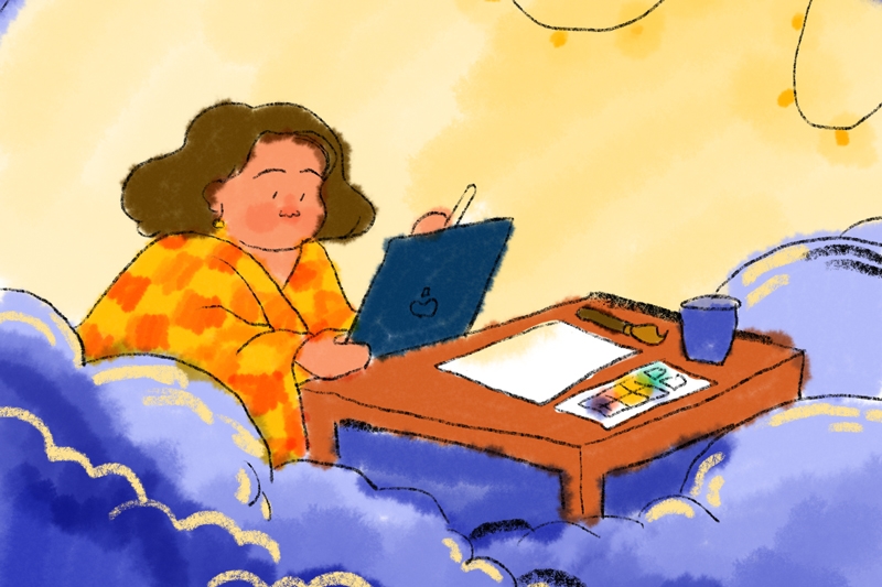 An animated person wearing a checkered robe works on a tablet at a desk surrounded by clouds.