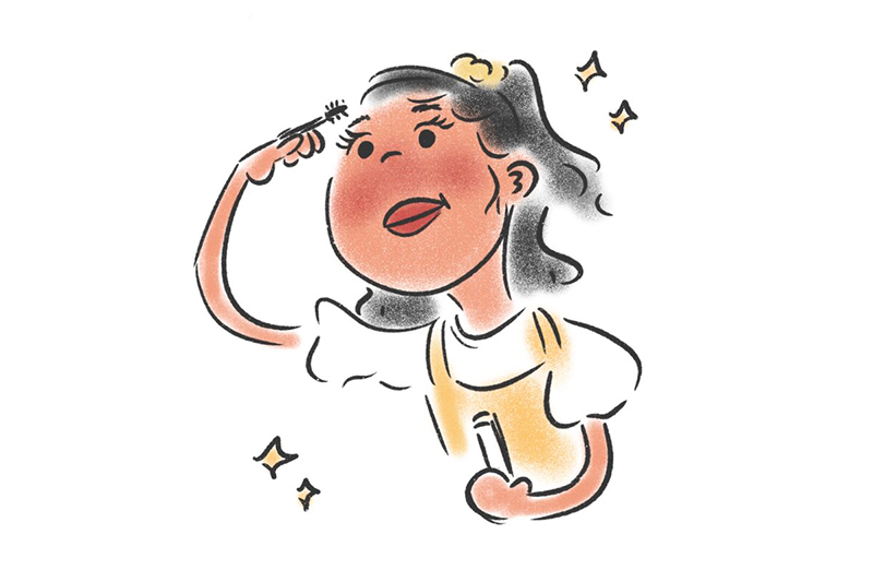 Illustration of a girl applying mascara with stars around her.