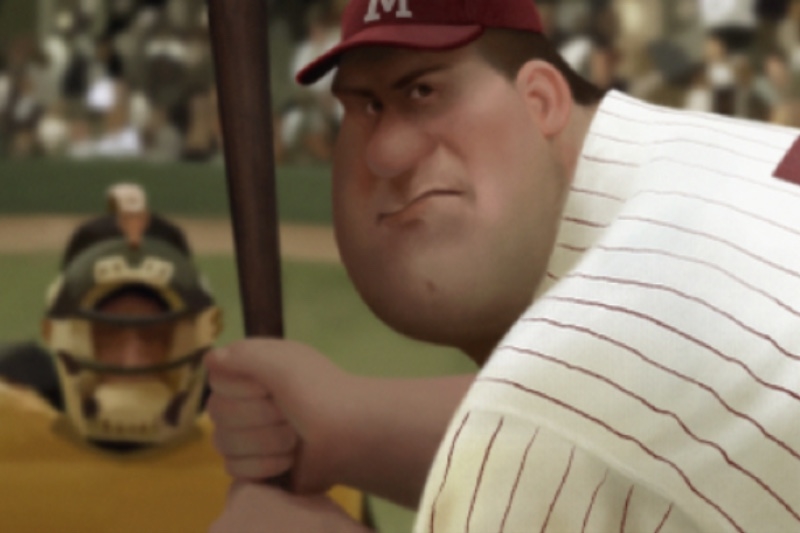 Animated baseball player in a white uniform with maroon cap holding a bat while a catcher in yellow gear is squatting in the background.