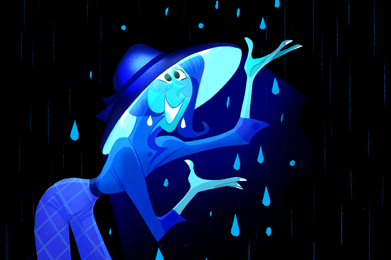 Animated blue character with a large hat in the rain, catching raindrops with an open hand.