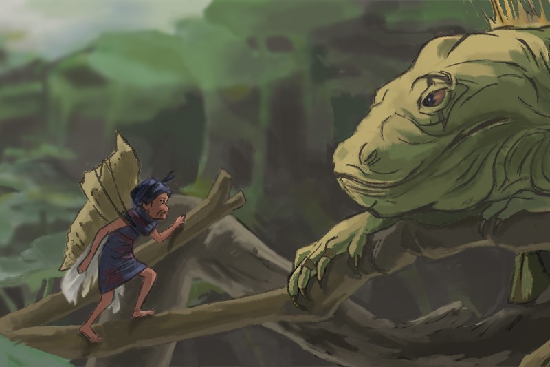 A fairy-like character and a large iguana in a forest setting, facing each other on tree branches.