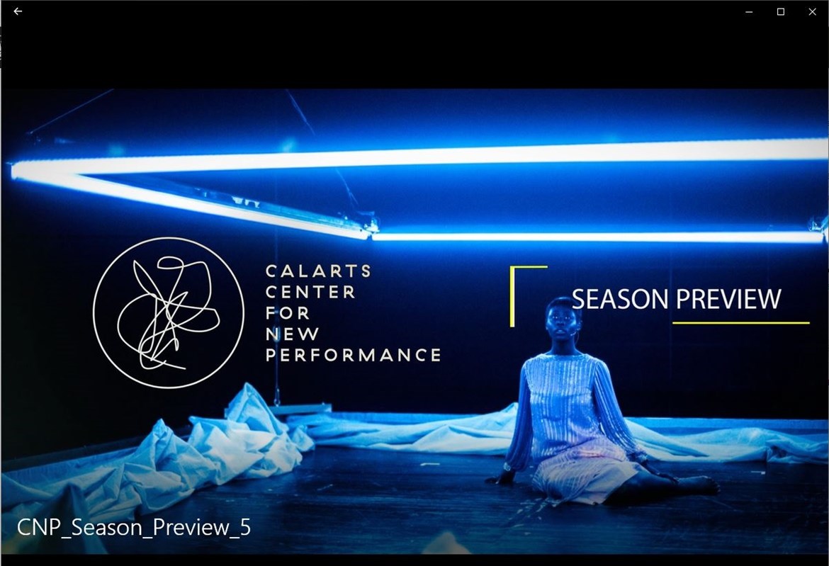 A performance scene with blue neon lights and a seated performer. Text reads "CalArts Center for New Performance Season Preview."