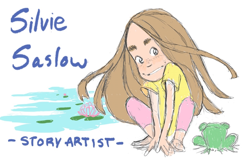 Illustration of a girl crouching by a pond with a frog. Text: Silvie Saslow - STORY ARTIST