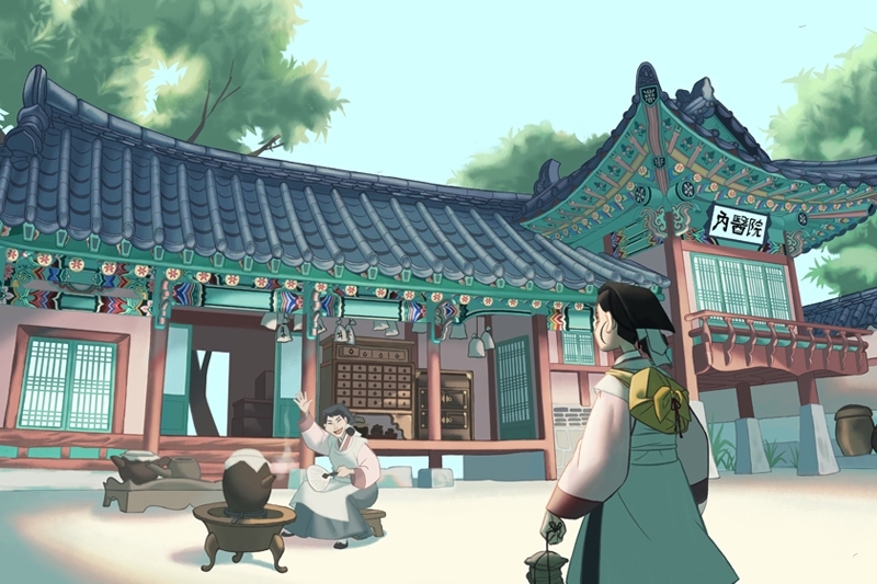 Illustration of a traditional East Asian building with colorful decorations and two people in traditional clothing.