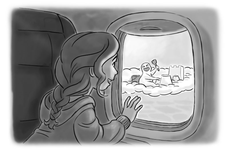 Girl looking out of an airplane window at a snowman building sandcastles on clouds.