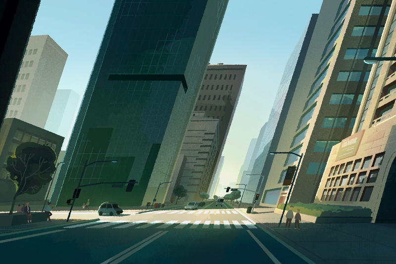 Urban street lined with tall buildings, featuring cars, few pedestrians, and traffic lights under a clear blue sky.