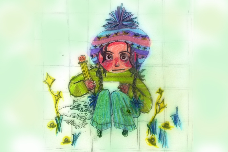 Colorful drawing of a child wearing a large hat, holding paper and a pencil, with flowers around.