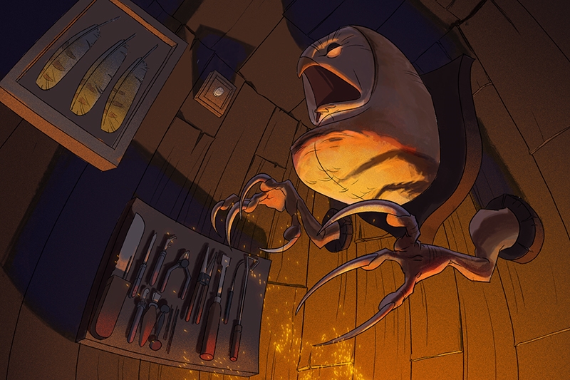 A menacing bird-like creature in a wooden room with a framed display of feathers and a panel of sharp tools on the wall.