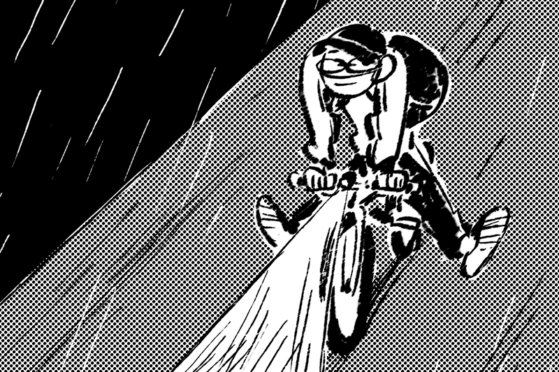 Illustration of a person riding a bicycle in the rain, seen from the front.