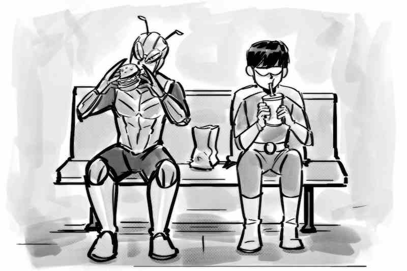 Two superheroes sitting on a bench eating. One is an ant-like character with a sandwich, and the other is a young hero with a drink.