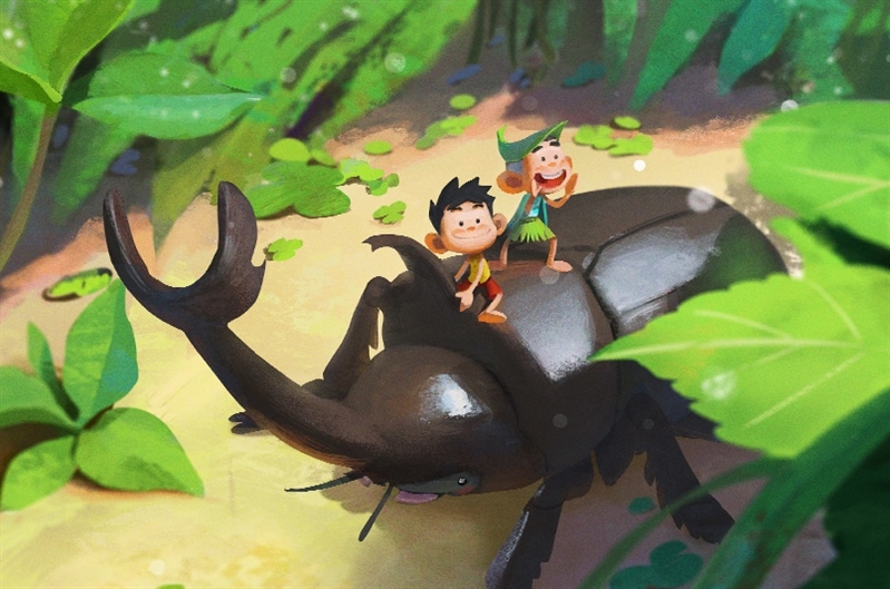 Two animated characters ride a large rhinoceros beetle in a lush forest.