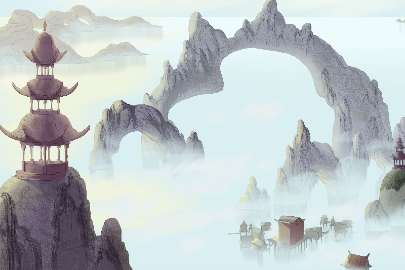 Fantasy landscape with a pagoda on a cliff, jagged mountains, and a misty village on water.