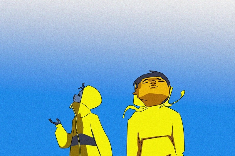 Two individuals in yellow raincoats with hoods against a blue to white gradient background.