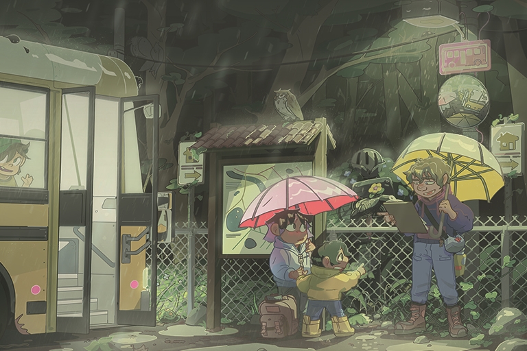 A rainy bus stop scene in a forest with a yellow school bus, two adults, and two children with umbrellas.