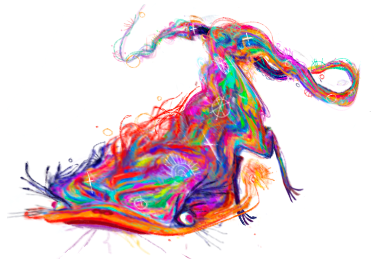 Abstract digital artwork of a multicolored, otherworldly creature with elongated, swirling form and vibrant, iridescent lines against a white background.