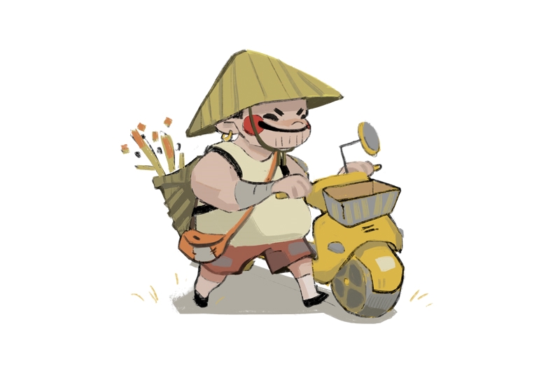 Cartoon character with a straw hat pushing a yellow scooter, carrying arrows on their back.