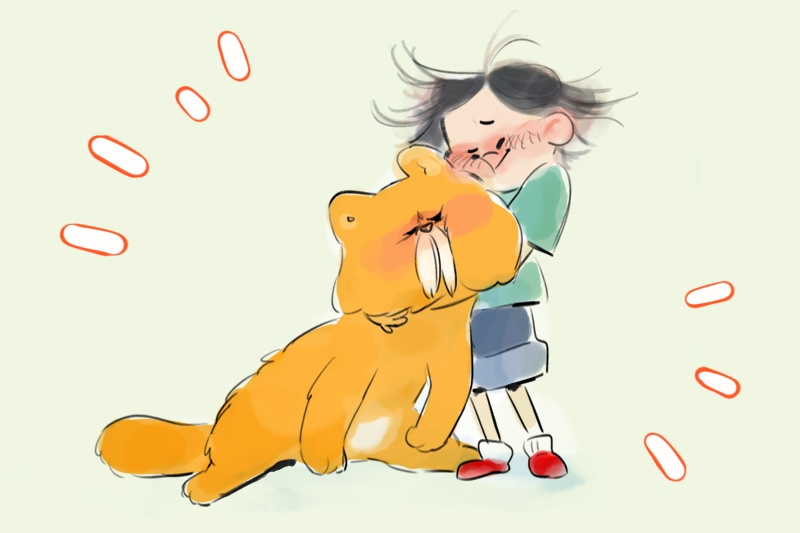 Child hugging a large orange cat with emotion lines around them.