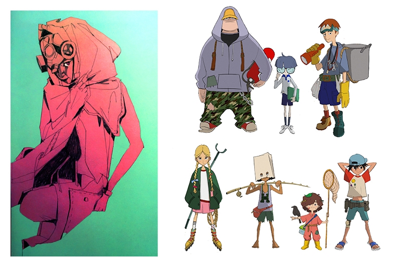 A collection of animated characters, including a pink sketchy figure with a hood on the left and seven colorful characters on the right.