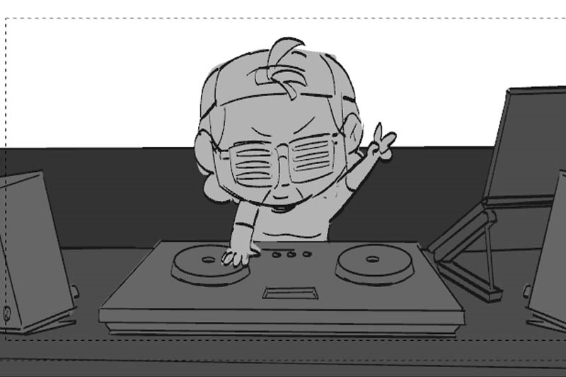 Animated character DJing with turntables and speakers.