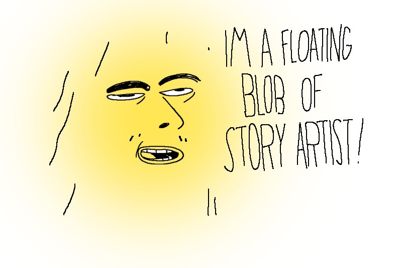 A yellow floating blob with a human-like face, accompanied by the handwritten text, "I'm a floating blob of story artist!"