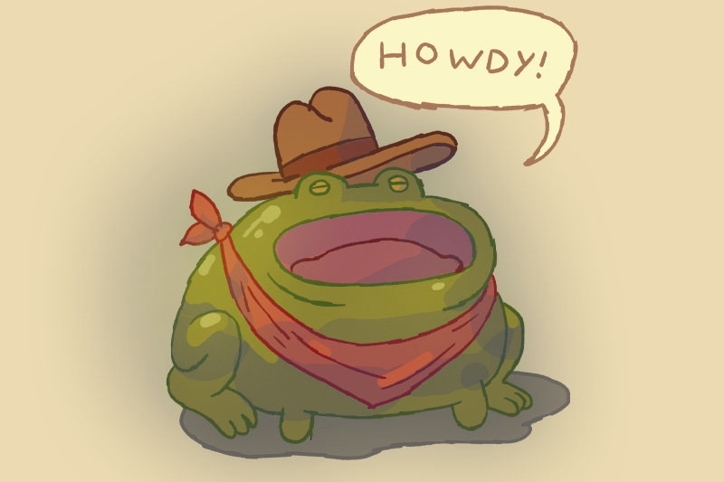 Cartoon frog wearing a cowboy hat and red bandana saying "HOWDY!"