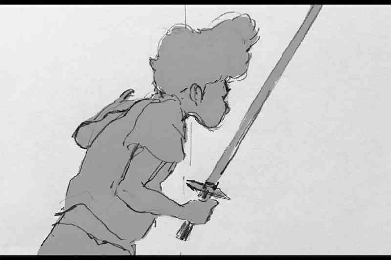 Sketch of a child holding a sword, facing right in a dynamic pose.