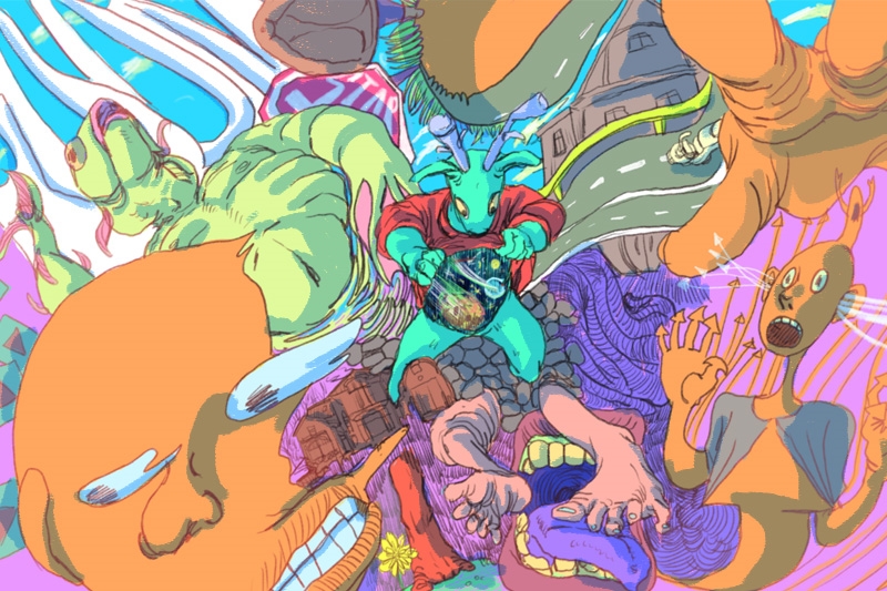 Surreal illustration with various abstract, anthropomorphic creatures and a chaotic, colorful background.