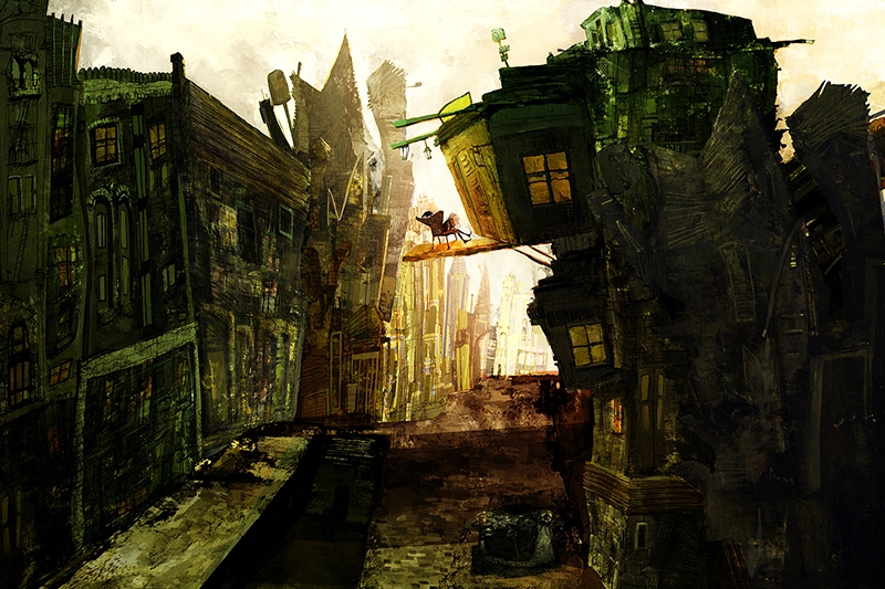 A surreal cityscape with leaning buildings and a figure on a bridge connecting two structures.