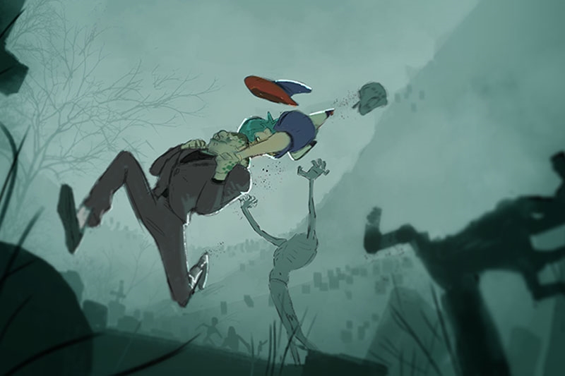 Cartoon character punches a suited zombie, dislodging its head in a graveyard setting.