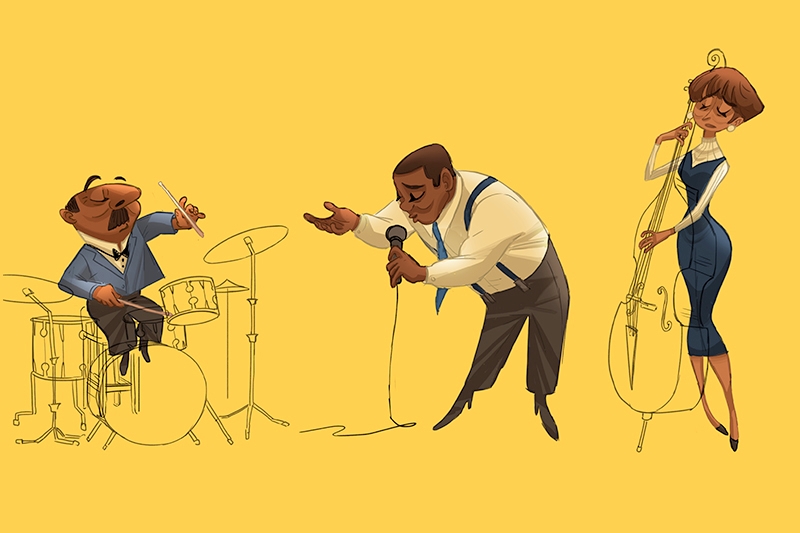 Three cartoon characters, one playing drums, one singing, and one playing the double bass on a yellow background.