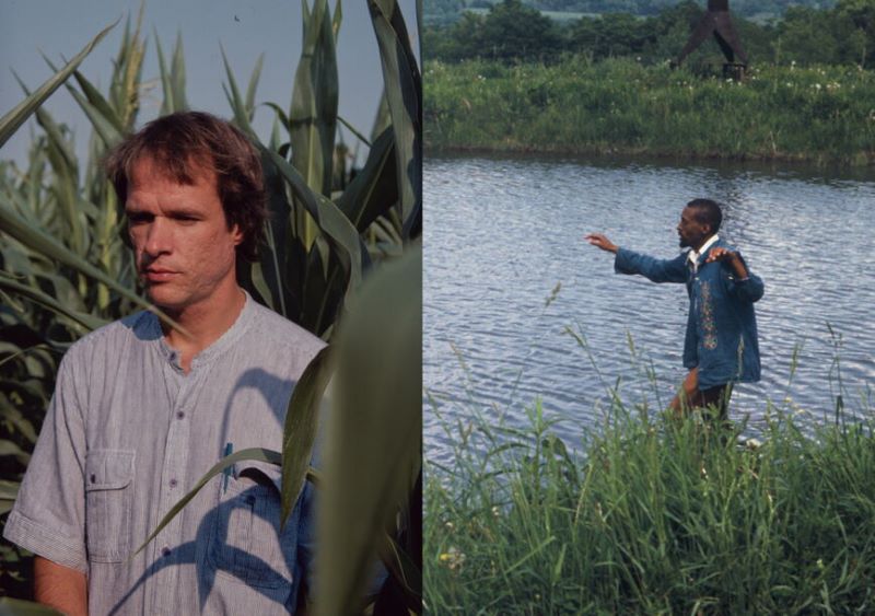 man in corn and man by lake